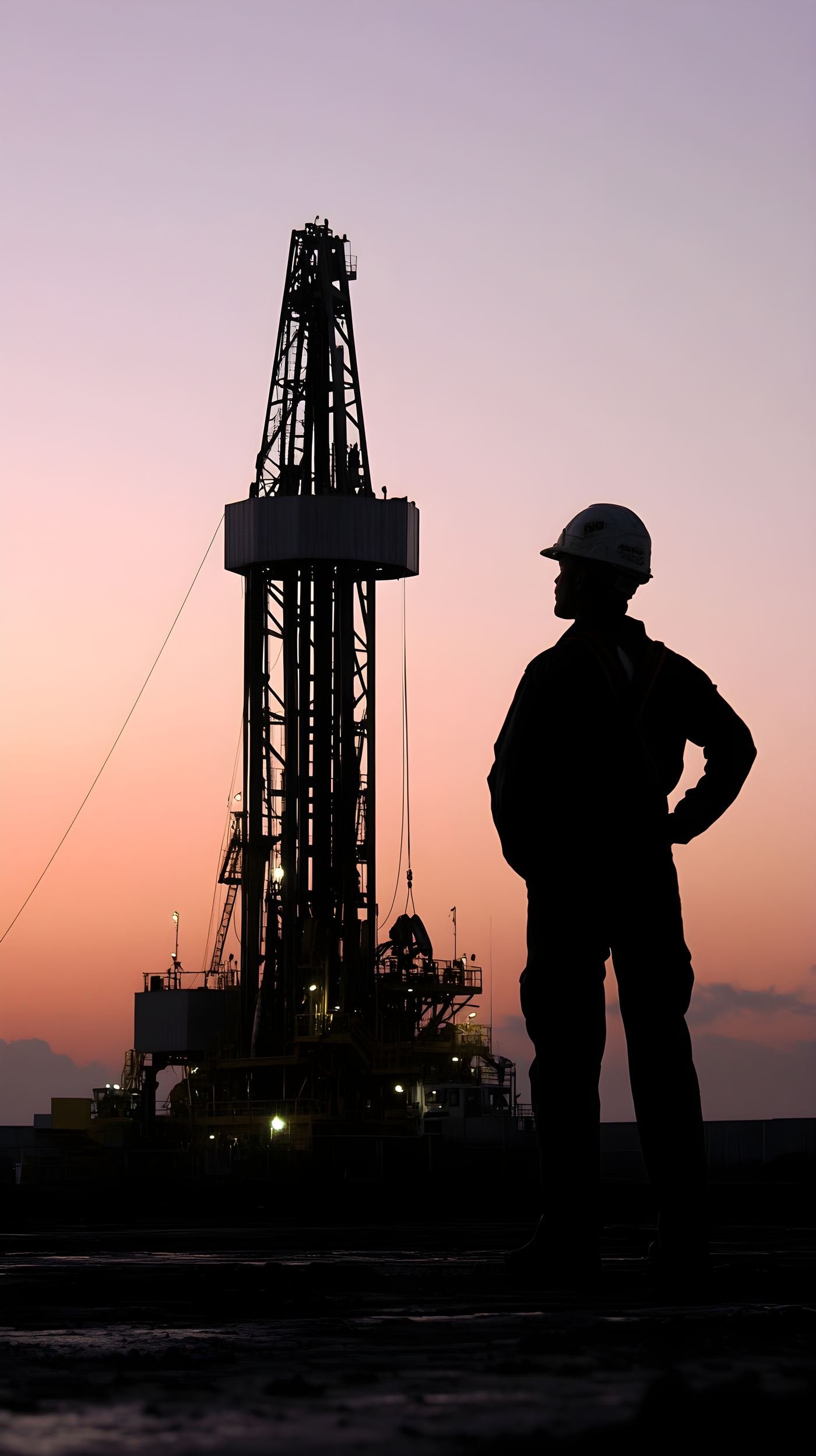 Técnico em operação de petróleo e gás em base remota, ao anoitecer